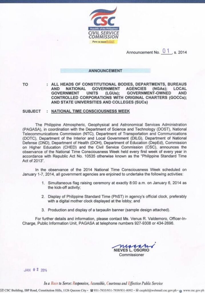 Civil Service Commission Philippine standard time announcement 2014